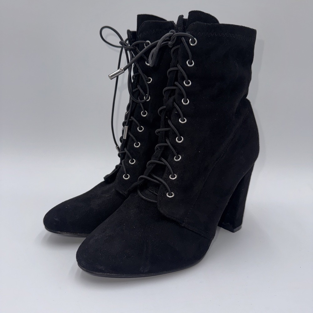Lulus Soraka Black Suede Lace Up Ankle Heel Boots Pointed Toe Witchy Goth Grunge